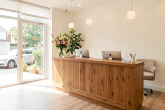 Accueil lumineux d'un institut de beauté avec comptoir en bois et fleurs