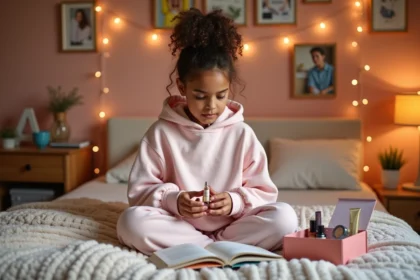 Adolescente découvrant les produits de sa box beauté mensuelle assise sur son lit