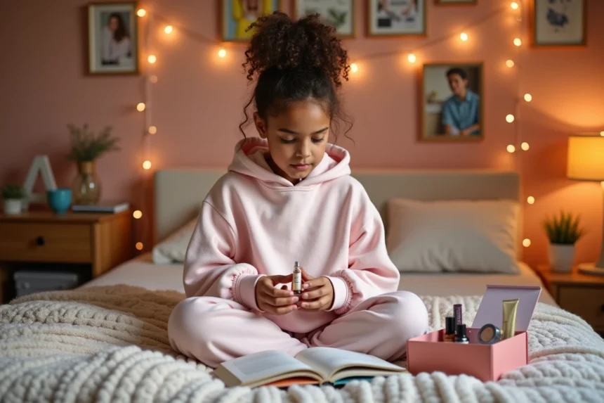 Adolescente découvrant les produits de sa box beauté mensuelle assise sur son lit