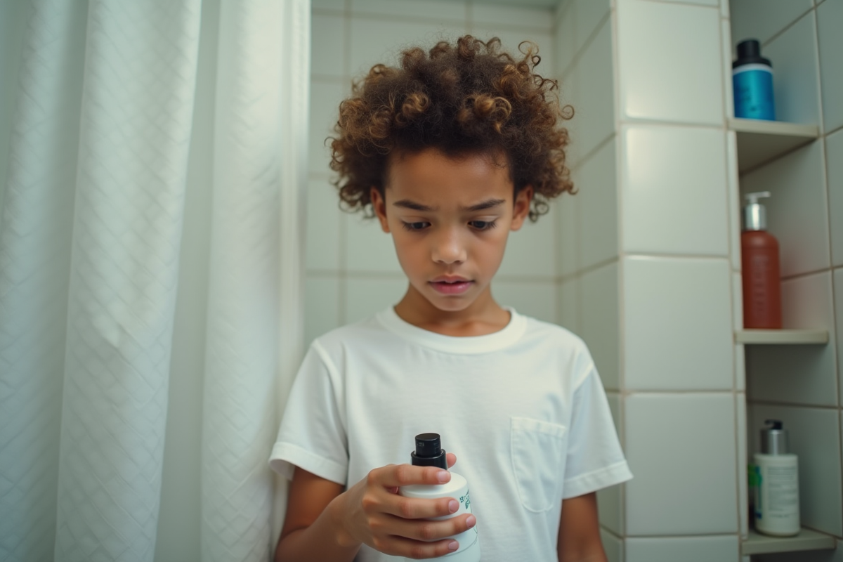 Adolescent examinant une bouteille de shampoing