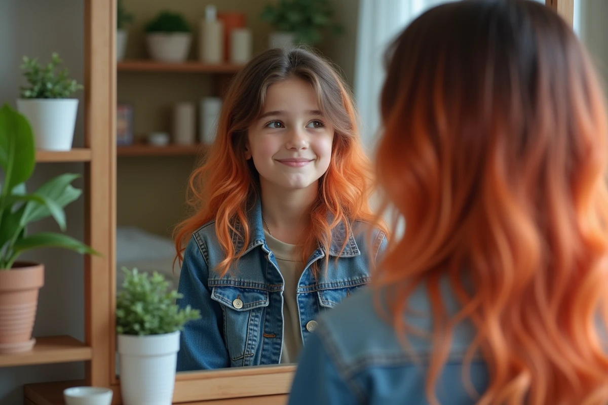 Adolescente regardant ses cheveux colorés dans un miroir