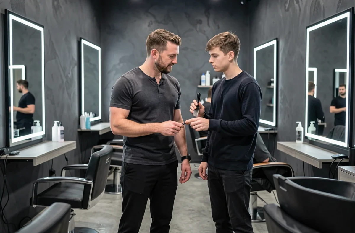 Styliste Alan Coiffure à Rennes en consultation avec un jeune client devant un grand miroir dans un salon contemporain aux murs ardoise