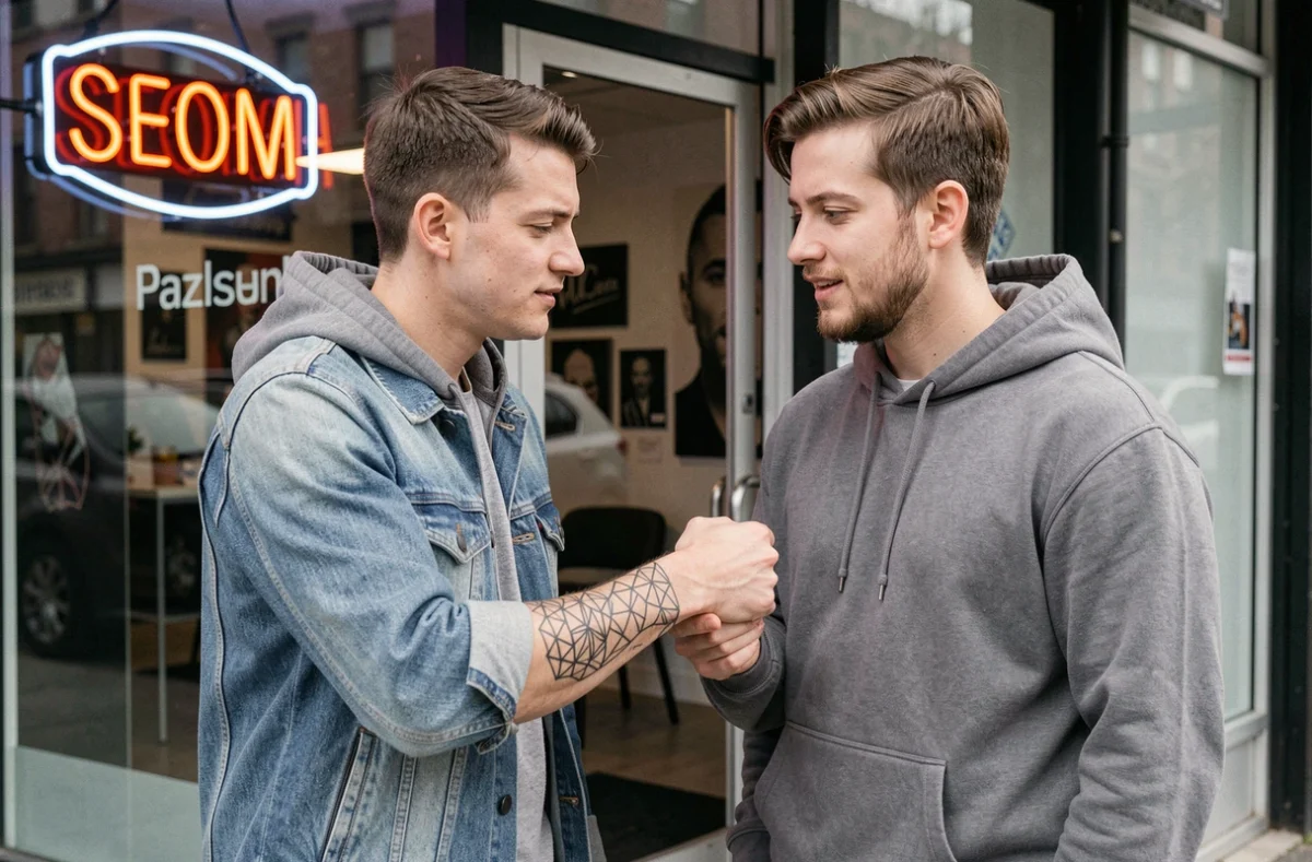 Deux amis discutant du prix d'un tatouage devant un studio réputé, soulignant l'importance de choisir un tatoueur qualifié plutôt qu'un tarif trop bas