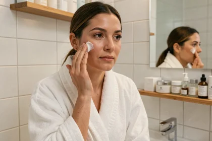 Femme appliquant une crème Halcare sur son visage dans une salle de bain propre et organisée