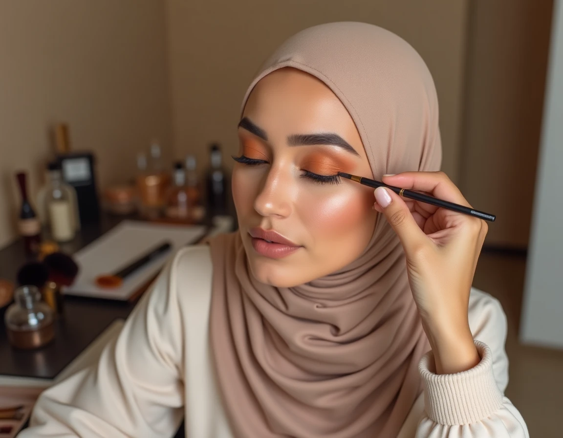 Maquilleuse professionnelle appliquant un fard à paupières terracotta sur une femme hijabi marocaine dans un studio de maquillage moderne