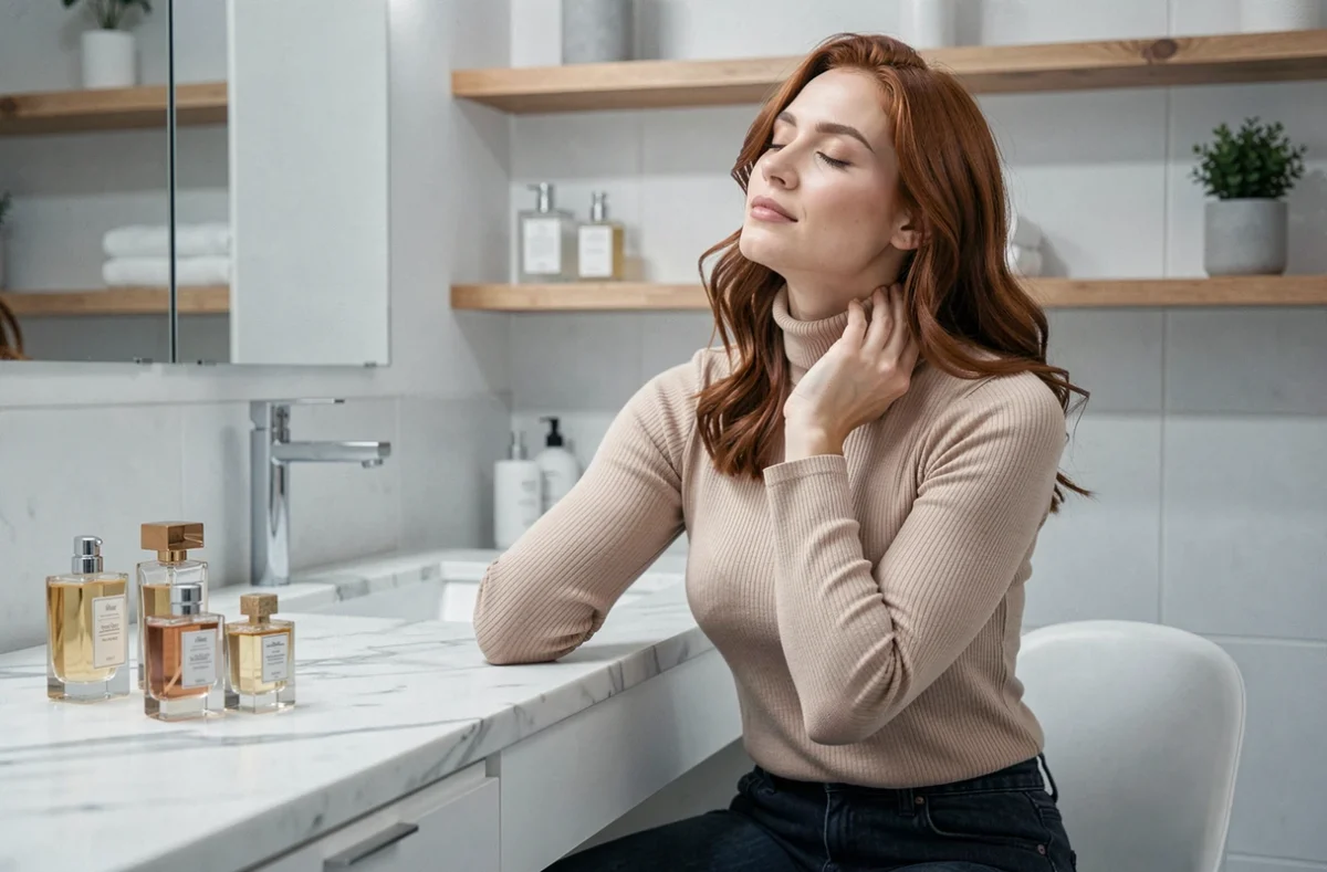 Femme appliquant du parfum Zara sur son poignet devant une coiffeuse en marbre dans une salle de bain moderne