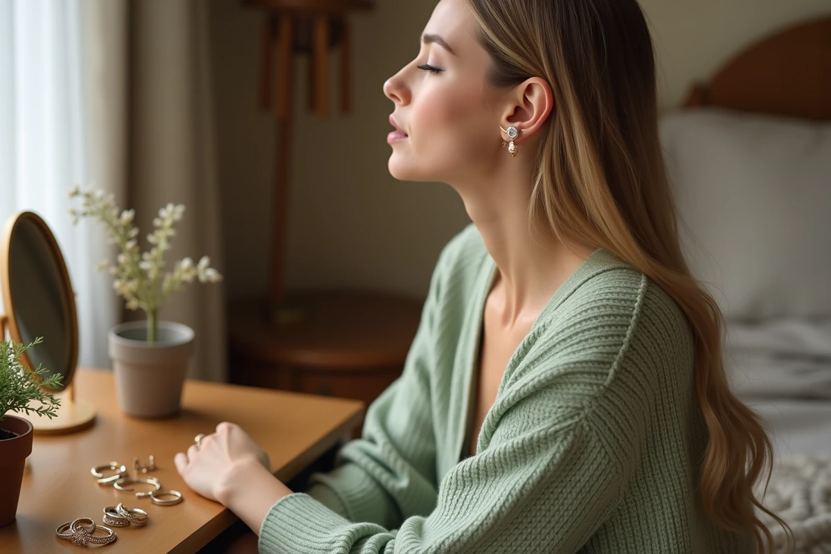 Femme blonde assise devant une coiffeuse montrant un arrangement de piercings haut de l'oreille en or rose dans une chambre cosy