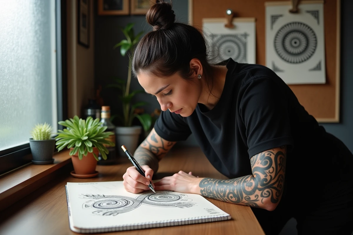 Artiste tatoueur polynésienne dessinant des motifs traditionnels māori dans son studio de tatouage à Auckland