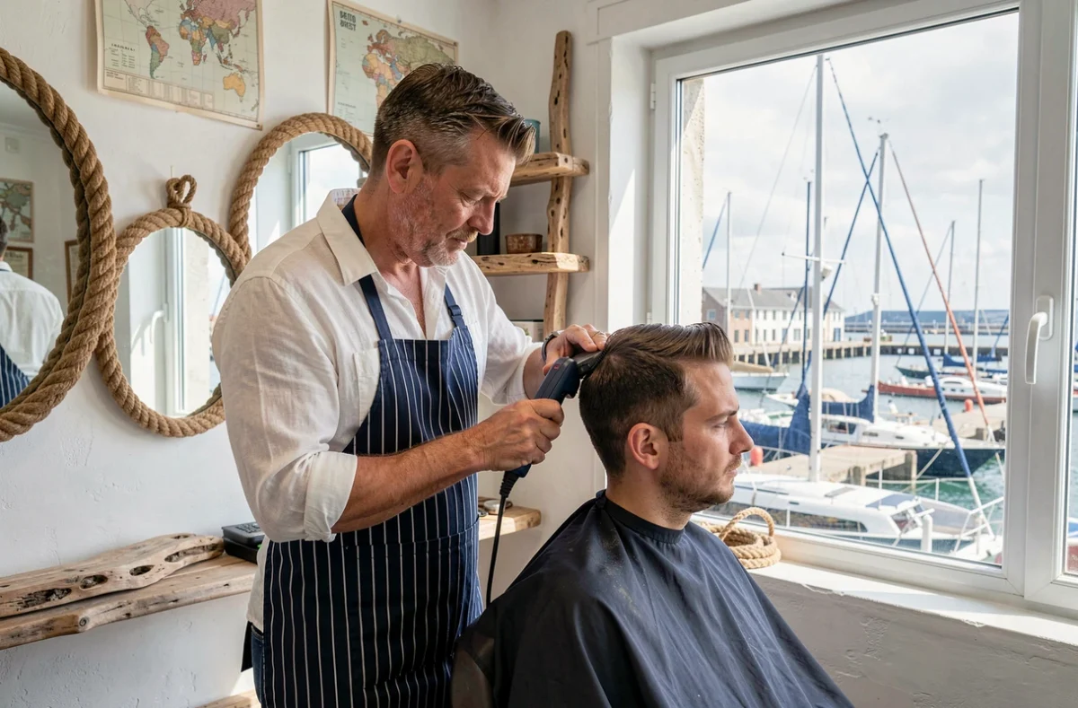 Coiffeur de L'Atelier du Port à Brest réalisant une coupe masculine avec une vue sur le port en arrière-plan