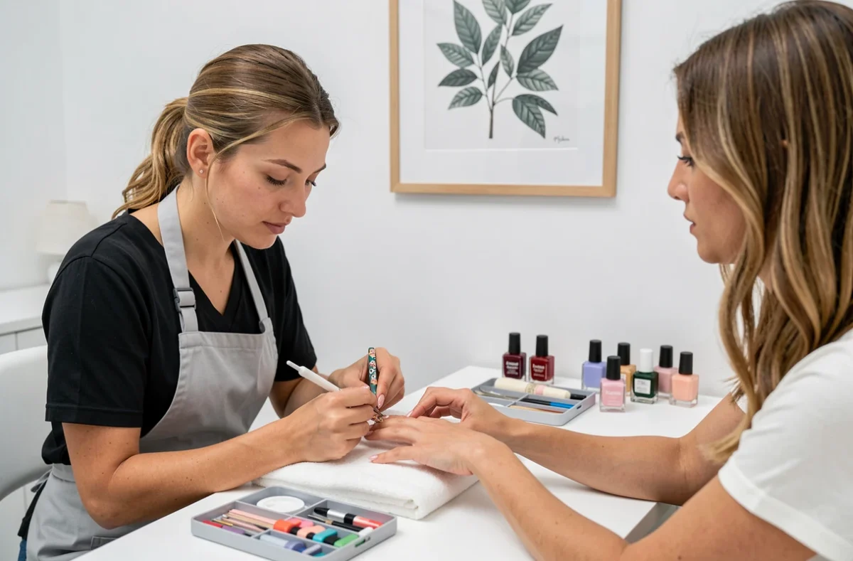 Nail artist de l'Atelier L Lyon réalisant un nail art précis sur la main d'une cliente dans un studio de beauté contemporain et minimaliste