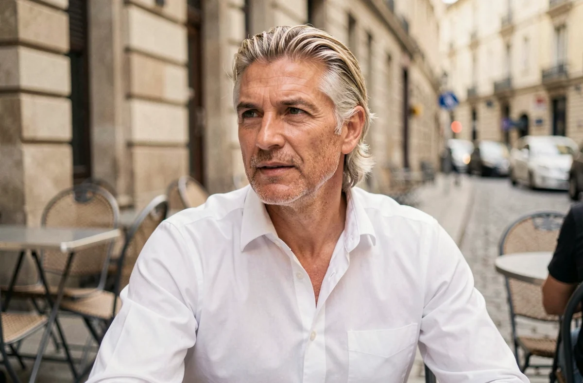 Homme élégant avec balayage blond aux tempes pour couvrir les cheveux blancs en terrasse de café