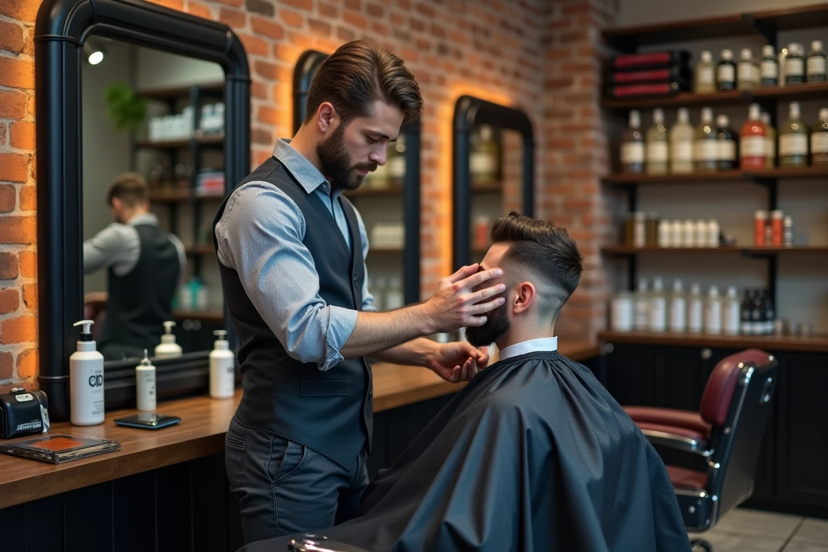 Barbier appliquant un produit professionnel sur un client dans un salon de coiffure contemporain avec des étagères de produits en arrière-plan