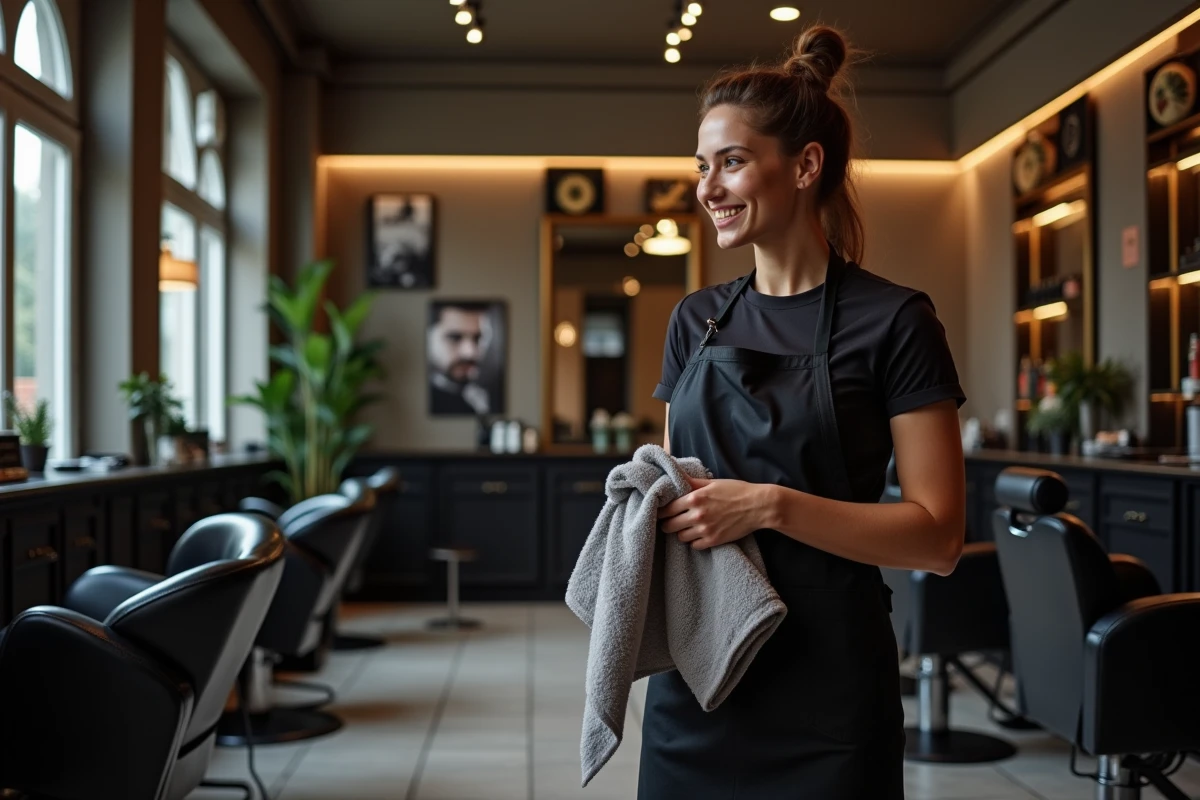 Femme barbiere souriante préparant une serviette dans un salon haut de gamme