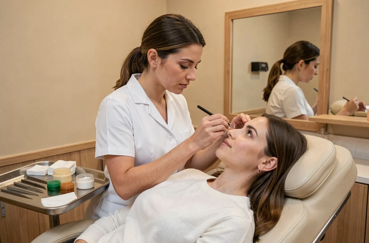 Esthéticienne de l'institut Beauté et Look effectuant un soin de mise en forme des sourcils sur une cliente dans un salon de beauté moderne aux tons beige chaleureux