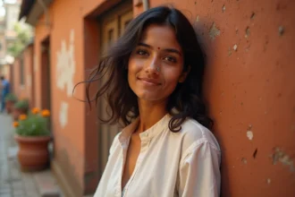 Portrait authentique d'une jeune femme indienne sans maquillage, peau naturelle visible, devant un mur en terre cuite à Delhi