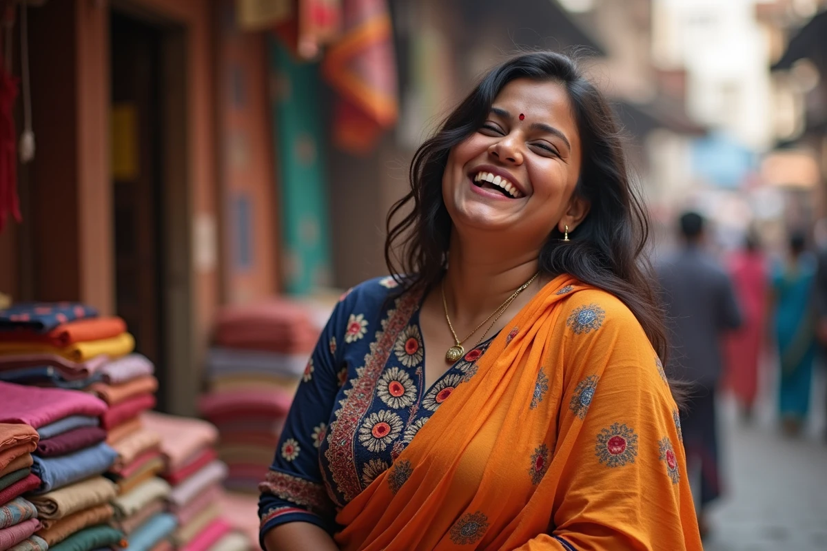 Jeune femme indienne ronde riant spontanément dans un marché textile de Jaipur, beauté naturelle et expression authentique sans retouche