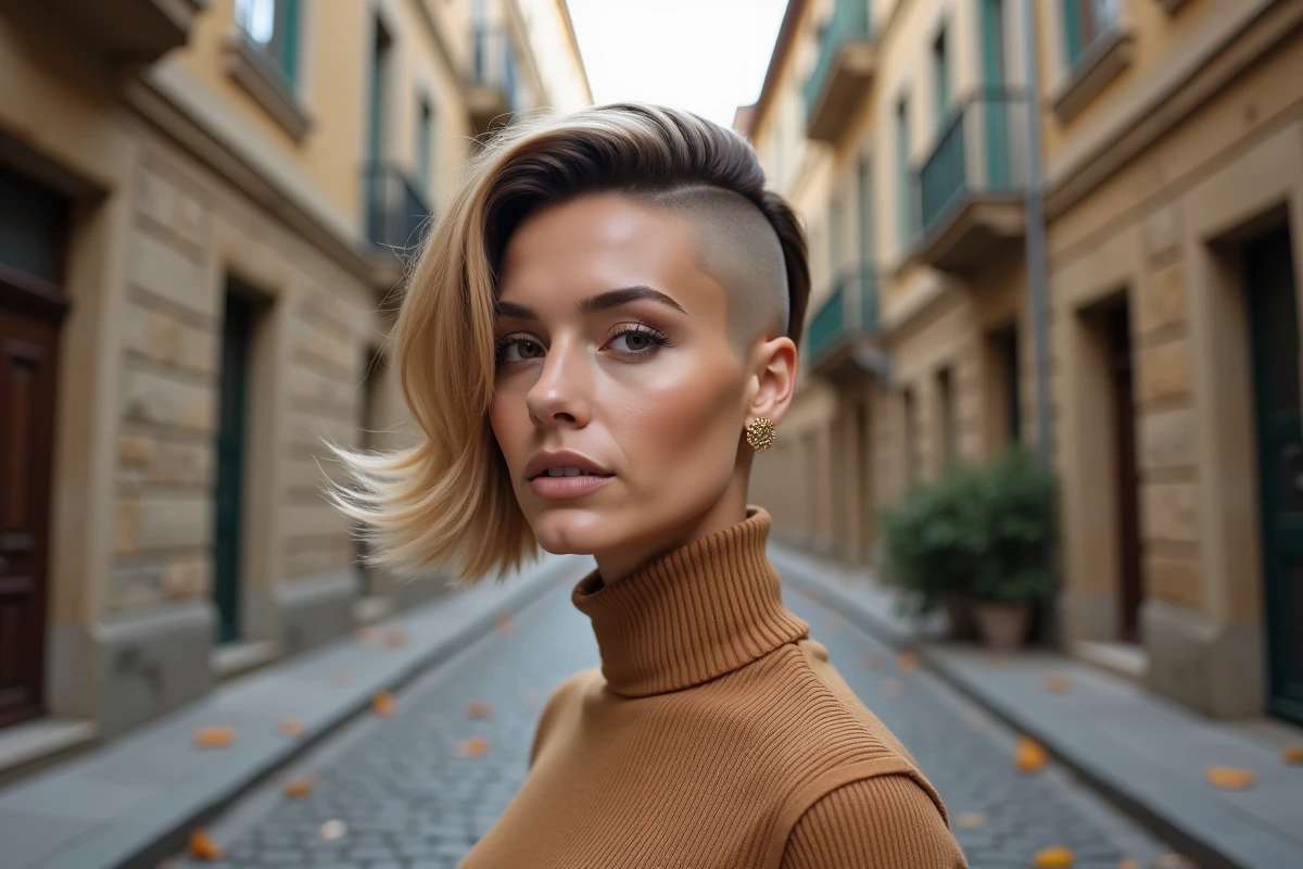 Femme avec un bob undercut géométrique en extérieur, coiffure courte tendance caractère automne 2026