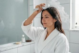 Femme utilisant une brosse massante sur son cuir chevelu dans une salle de bain moderne pour traiter les pellicules