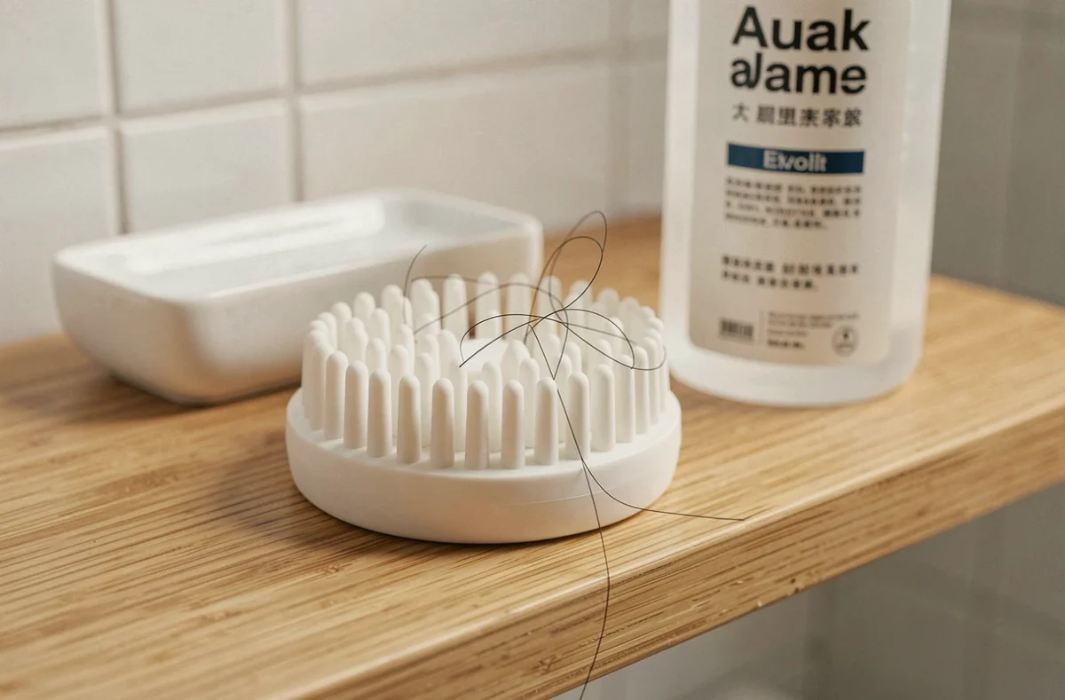 Brosse massante en silicone posée sur une étagère de salle de bain à côté d'un shampooing antipelliculaire