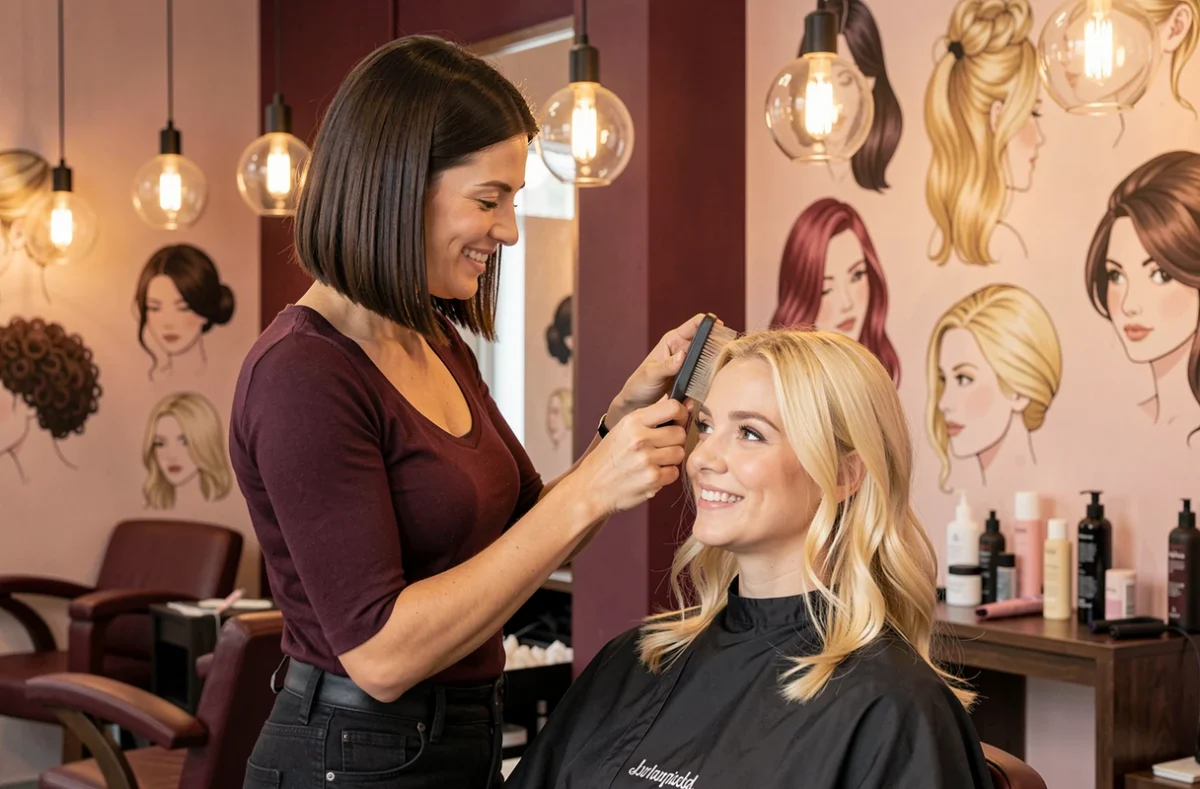 Coiffeuse appliquant un traitement colorant sur une cliente blonde dans le salon Brune, Blonde à Strasbourg