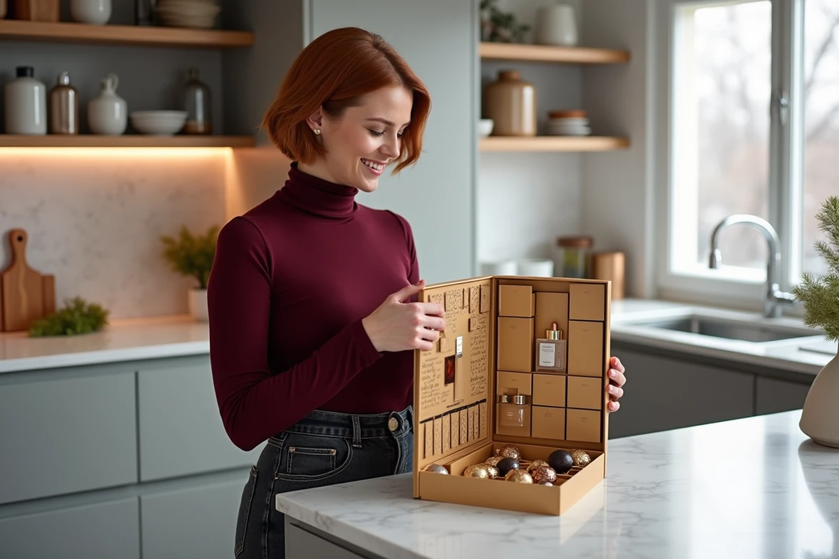 Femme découvrant le contenu d'un calendrier de l'avent beauté et bien-être sur un plan de travail en marbre dans une cuisine parisienne