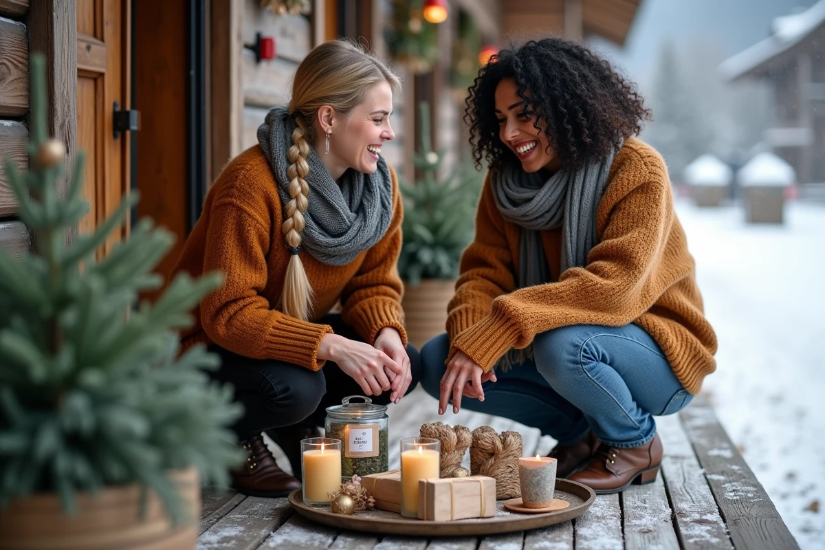 Deux femmes comparant des cadeaux d'un calendrier de l'avent original sur la terrasse enneigée d'un chalet alpin en hiver