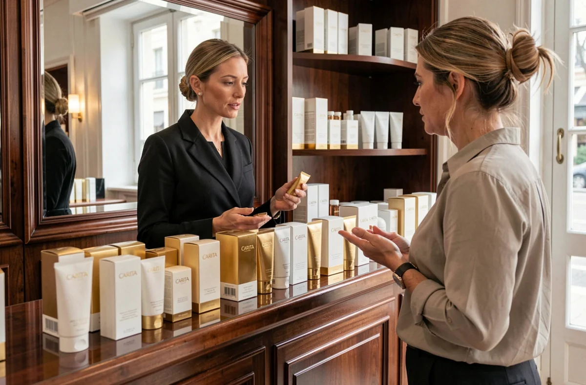 Conseillère beauté Carita Lyon présentant des produits de soin haut de gamme en packaging doré à une cliente dans un institut au style parisien raffiné