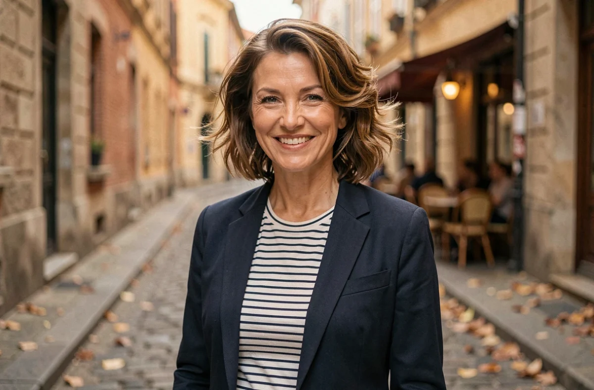 Femme aux cheveux courts et ondulés wavy marqué dans une rue pavée européenne en automne