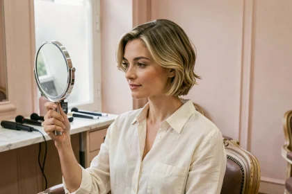 Femme aux cheveux fins et courts avec une mini vague discrète dans un salon de coiffure parisien