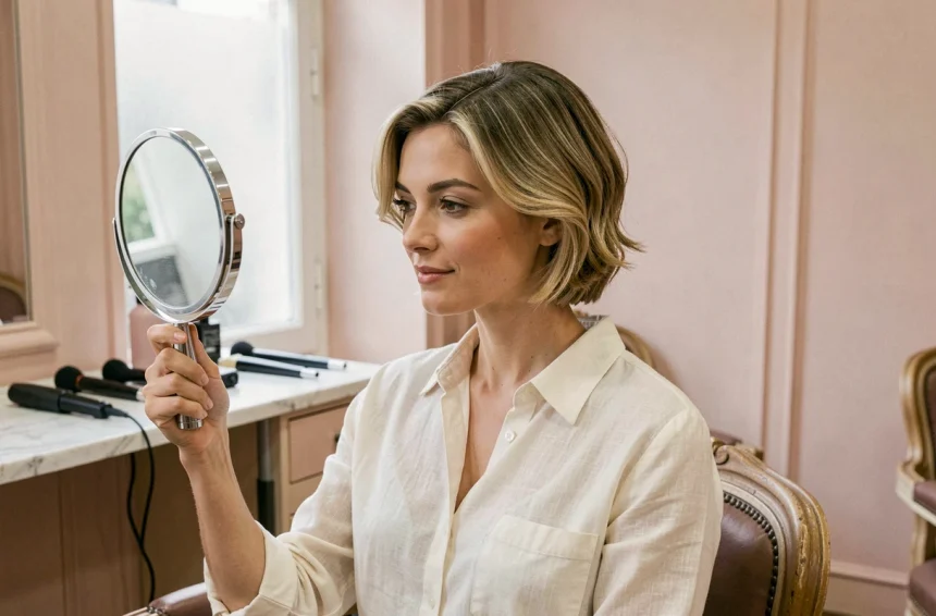 Femme aux cheveux fins et courts avec une mini vague discrète dans un salon de coiffure parisien