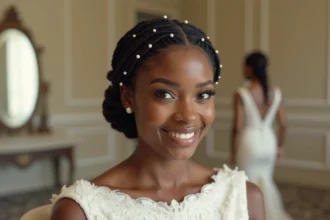 Mariée avec un chignon élaboré orné de tresses africaines collées et d'épingles en perles, en robe de mariée ivoire