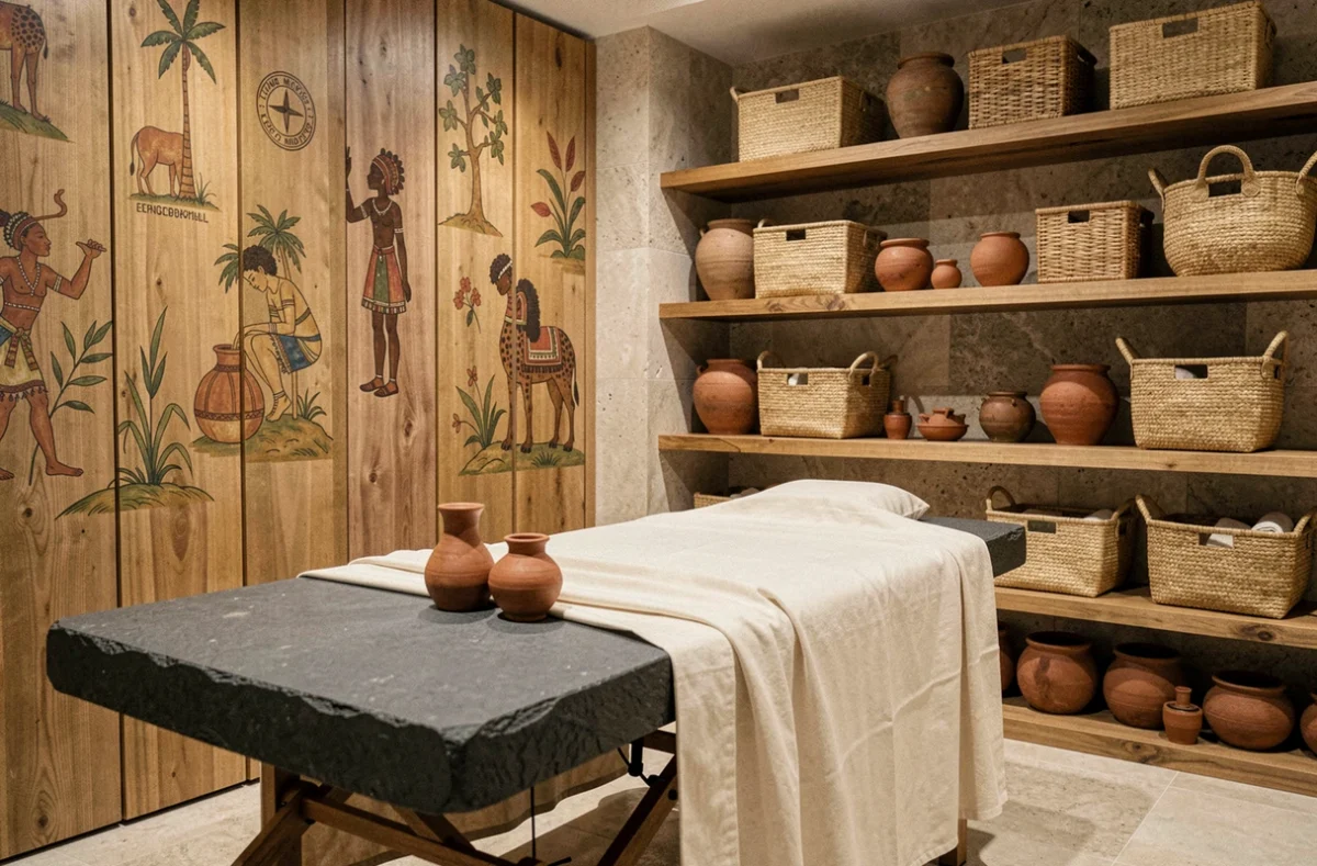 Salle de soin de l'institut Cinq Mondes Lyon décorée d'éléments artisanaux du monde entier, avec table de massage en pierre noire et accessoires en terre cuite