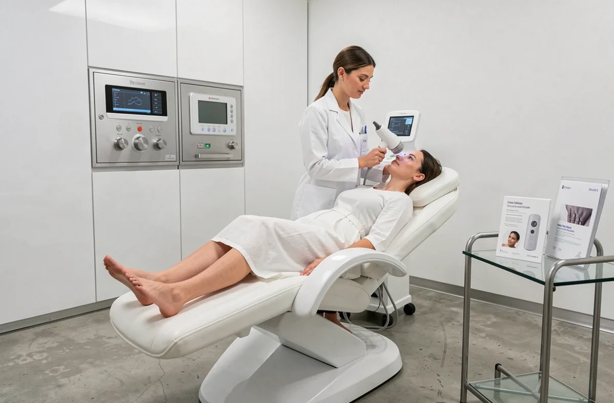 Technicienne de Cliniline Concept à Cesson-Sévigné utilisant un appareil de technologie esthétique avancée dans un espace clinique moderne