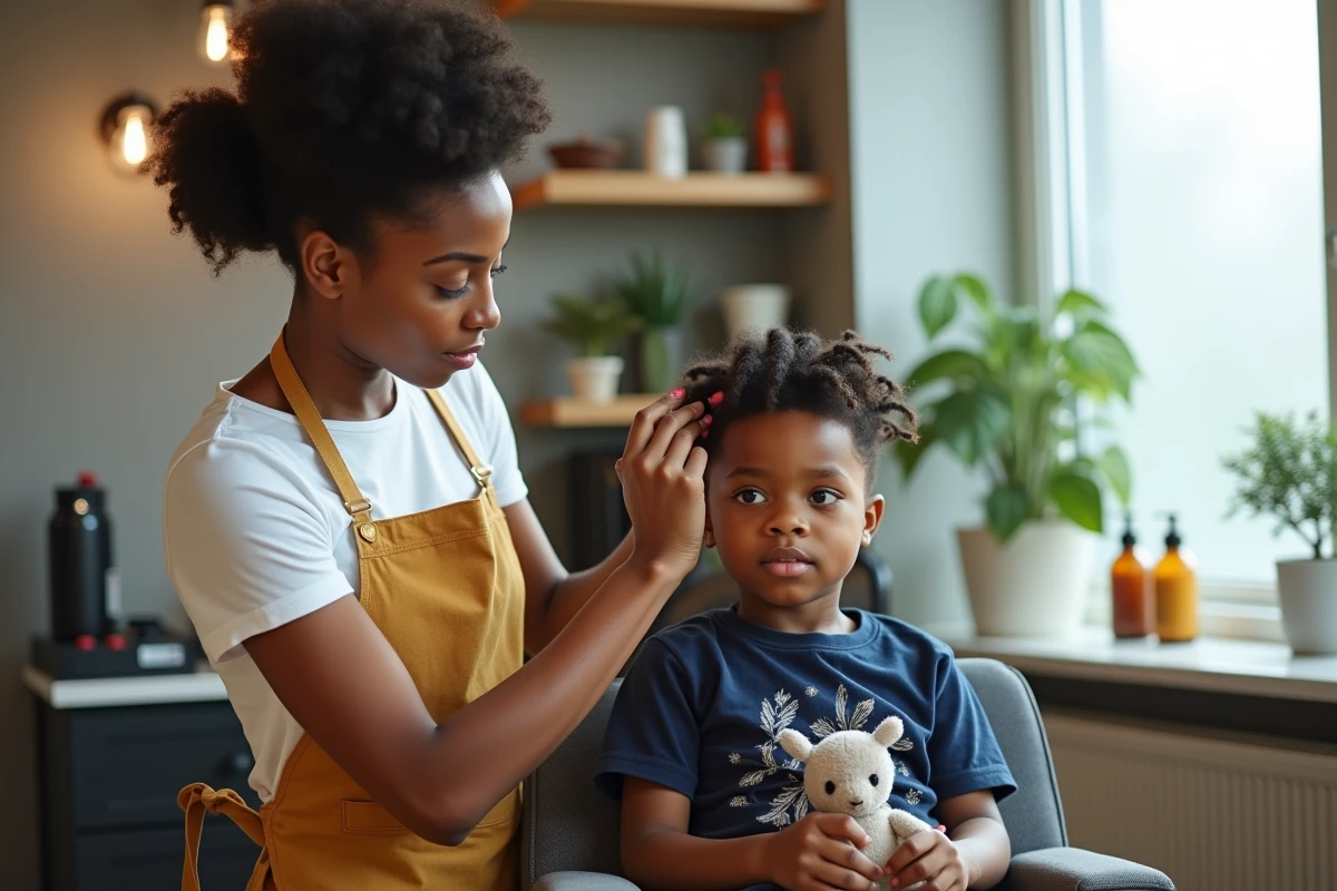 Coiffeuse afro spécialisée enfants coiffant un jeune garçon avec soin dans un salon chaleureux aux accents naturels