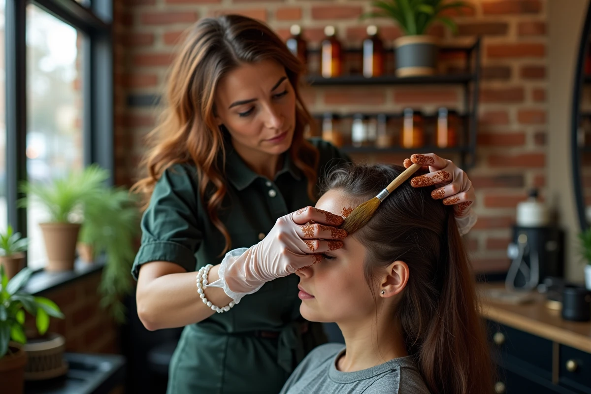 Coiffeuse professionnelle appliquant du henné colorant sur les cheveux d'une cliente en salon