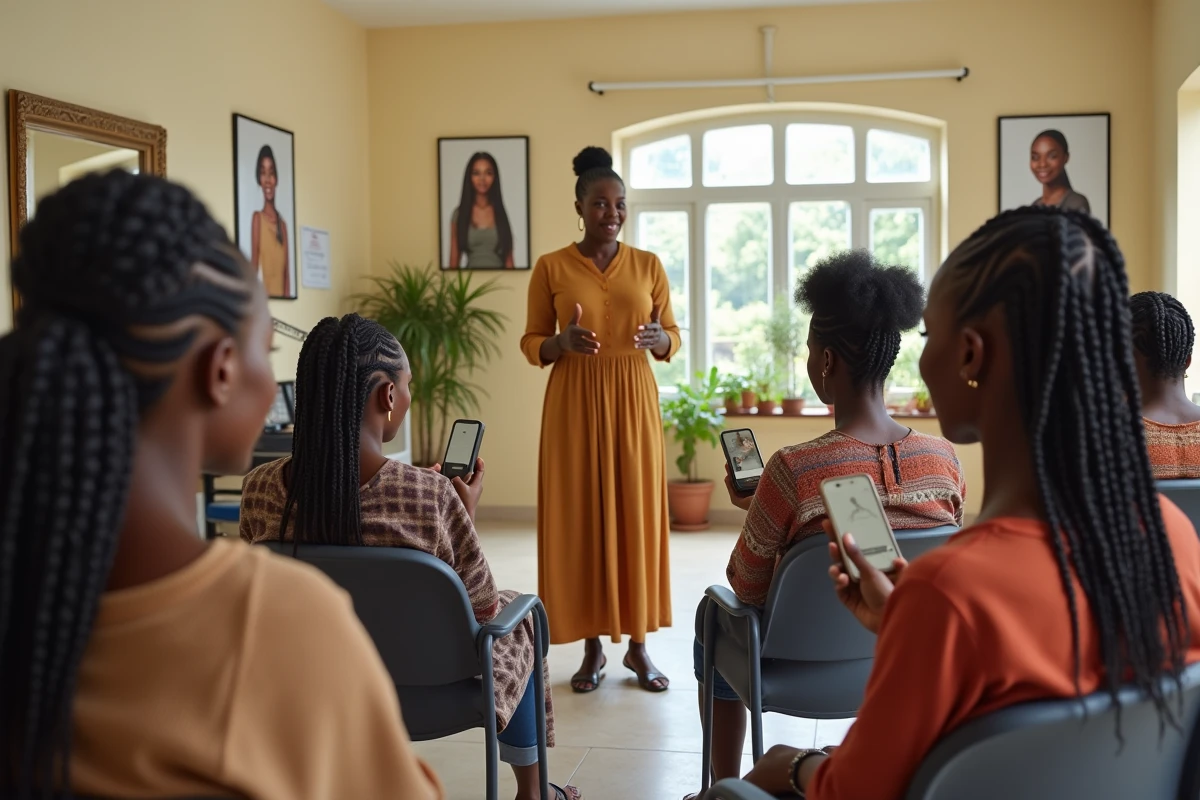 Coiffeuse africaine montrant différentes styles de tresses à des clientes