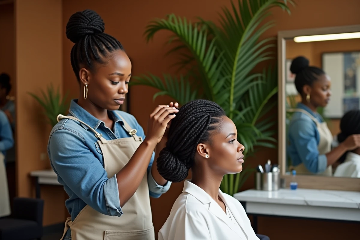 Coiffeuse professionnelle réalisant un chignon de mariage avec des tresses africaines collées sur une cliente en salon de coiffure