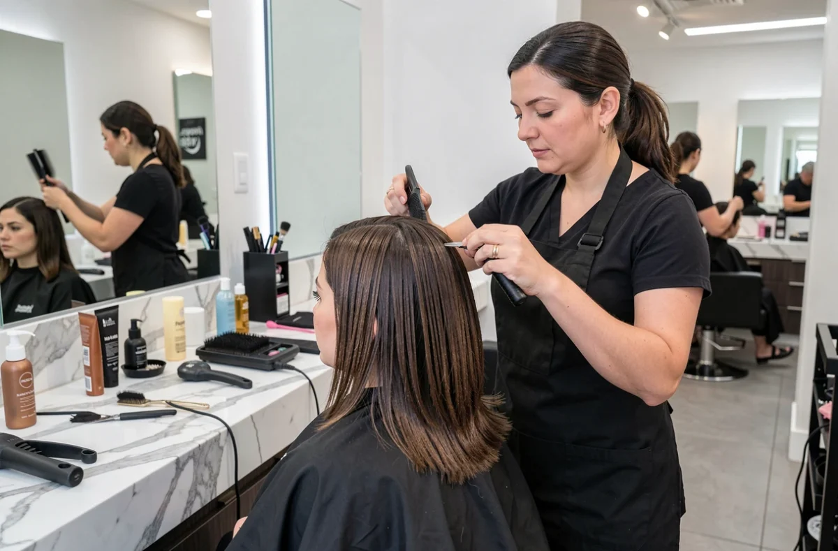 Coiffeuse professionnelle réalisant un dégradé sur cheveux mi-longs bruns dans un salon de coiffure moderne avec miroirs et comptoir en marbre