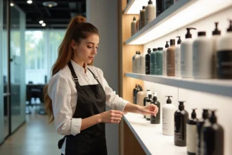 Coiffeuse professionnelle arrangeant des produits de salon de la marque Thomas Tuccinardi sur une étagère dans un studio moderne