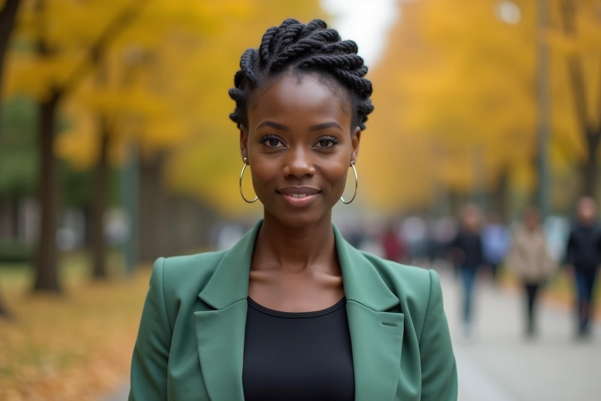 Femme noire en blazer vert sauge avec une coiffure tresse couronne sur cheveux afro courts sans rallonges, dans un parc urbain en automne