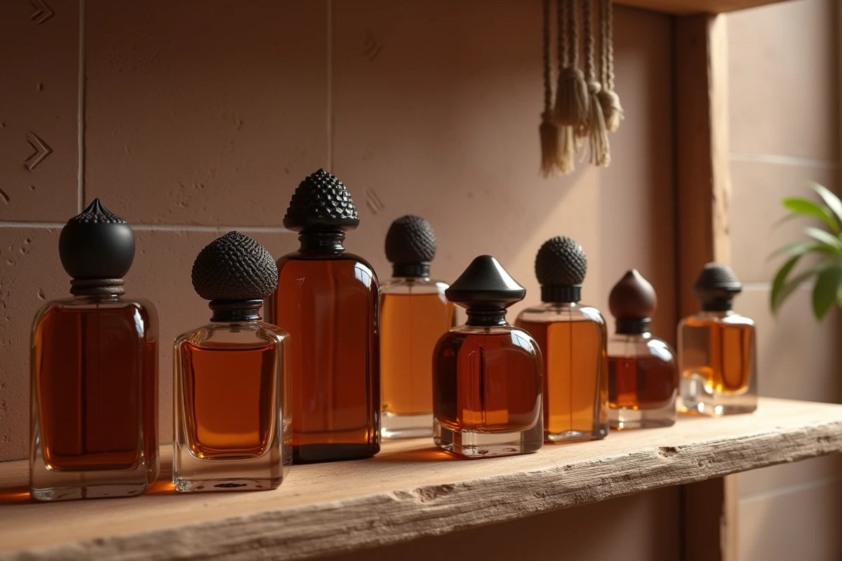 Collection de flacons de parfum Abdul Samad de différentes concentrations sur une étagère en bois rustique
