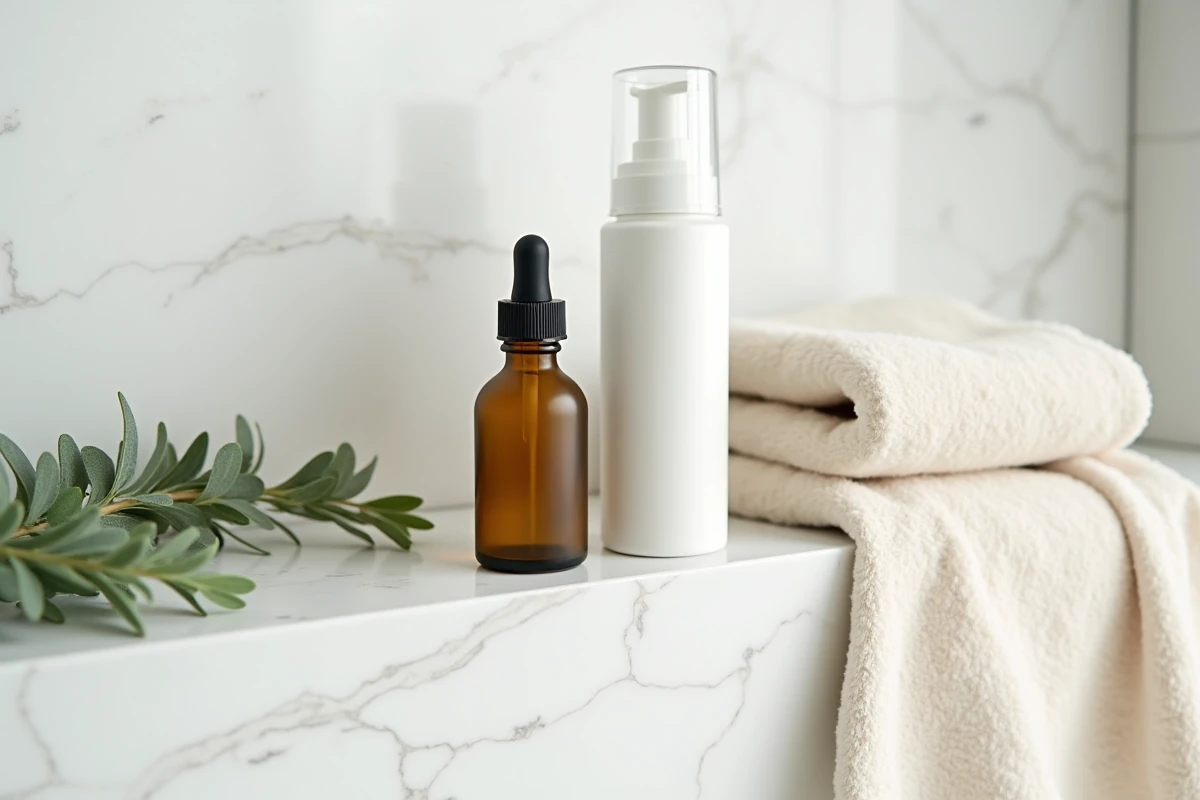 Comparaison entre une huile d'olive et une crème hydratante classique posées sur une étagère en marbre, soins de la peau naturels