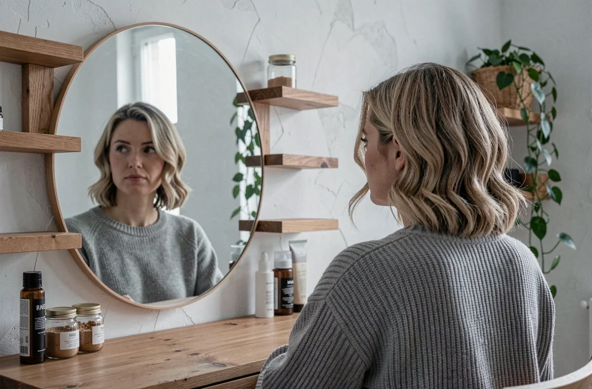 Comparaison mini vague discrète et wavy marqué sur cheveux fins courts devant un miroir rond