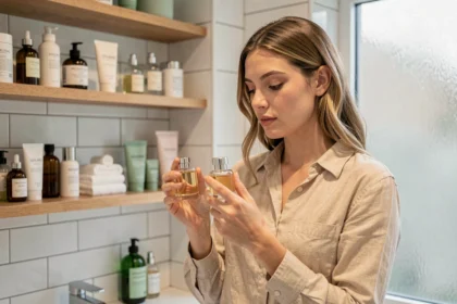 Jeune femme comparant deux flacons de parfum dans une salle de bain moderne pour trouver un dupe moins cher