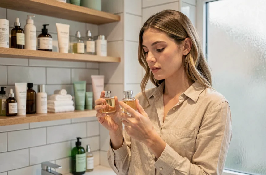 Jeune femme comparant deux flacons de parfum dans une salle de bain moderne pour trouver un dupe moins cher