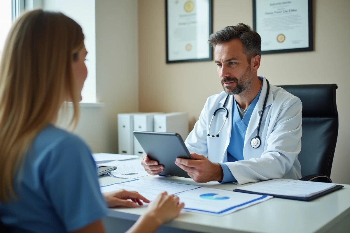 Médecin dermatologue consultant une patiente lors d'un bilan pré-traitement laser dans un cabinet médical esthétique encadré