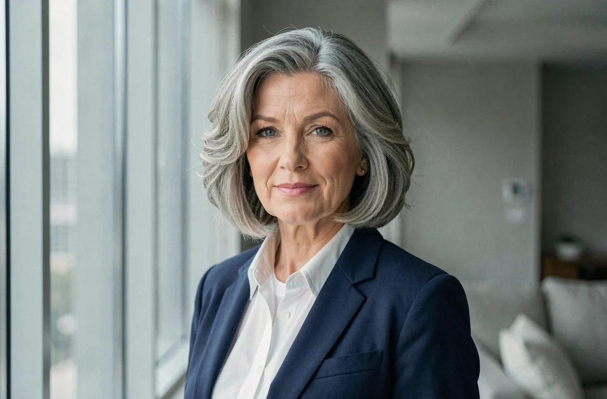 Femme 60 ans à visage rond avec un carré court sur cheveux épais et ondulés poivre et sel près d'une fenêtre