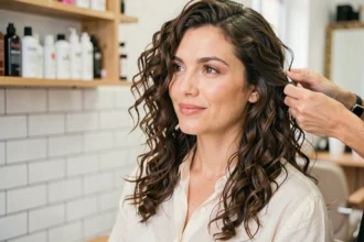Femme aux cheveux longs bouclés avec une coupe en couches pour dompter le volume dans un salon de coiffure moderne