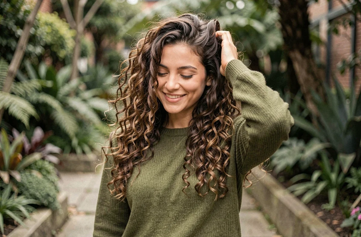 Jeune femme aux longs cheveux bouclés en V-cut avec des couches en extérieur dans un jardin botanique urbain