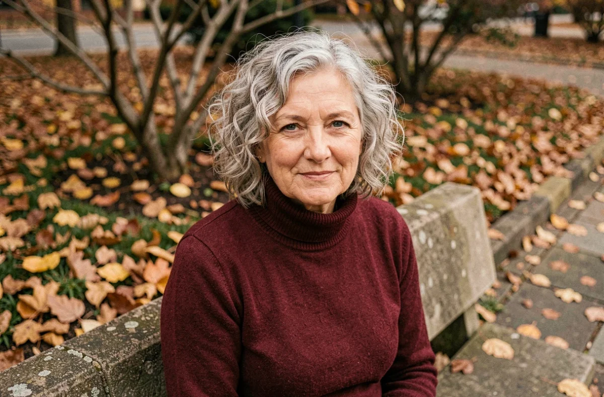 Femme de 60 ans visage rond avec une coupe courte en couches sur cheveux bouclés gris dans un jardin en automne
